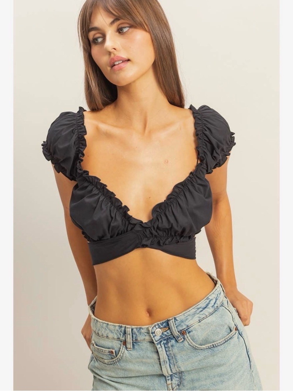 HYFVE Black Ruffle Puff Sleeve Crop Top